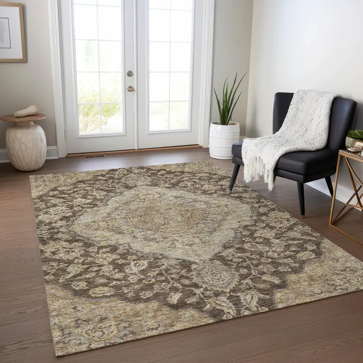 5' X 8' Chocolate Beige And Gray Oriental Washable Indoor Outdoor Area Rug