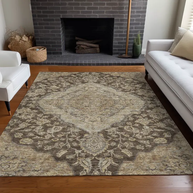 5' X 8' Chocolate Beige And Gray Oriental Washable Indoor Outdoor Area Rug