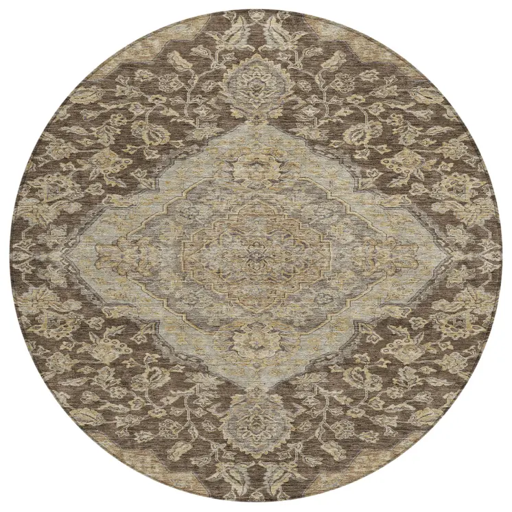 8' Chocolate Beige And Gray Round Oriental Washable Indoor Outdoor Area Rug