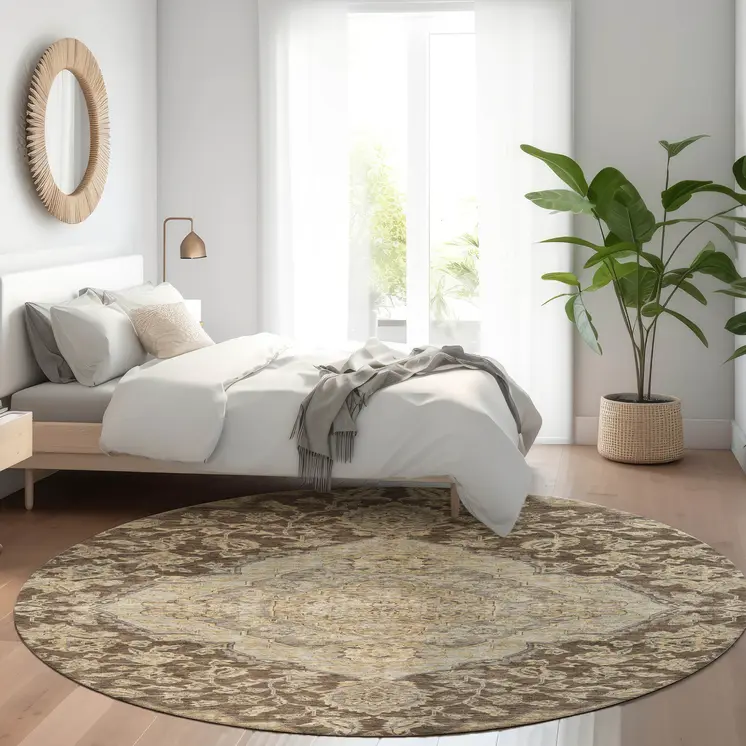 8' Chocolate Beige And Gray Round Oriental Washable Indoor Outdoor Area Rug