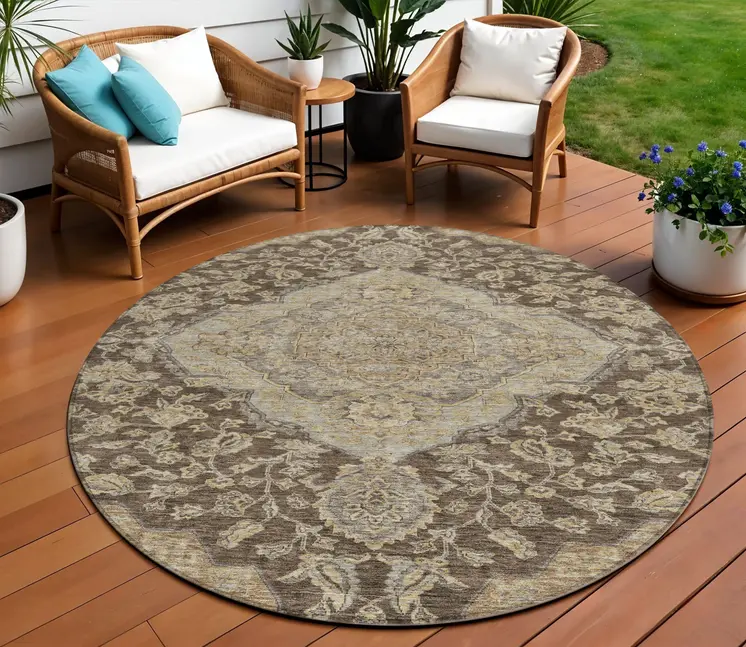 8' Chocolate Beige And Gray Round Oriental Washable Indoor Outdoor Area Rug