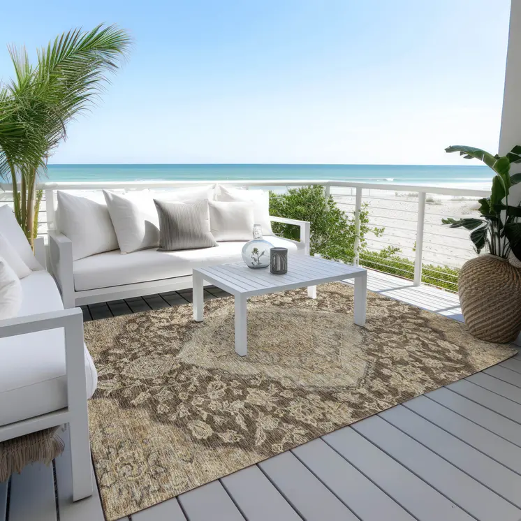 8' X 10' Chocolate Beige And Gray Oriental Washable Indoor Outdoor Area Rug