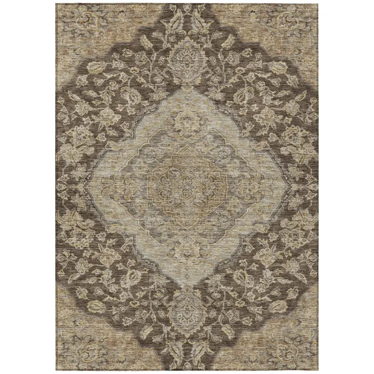 8' X 10' Chocolate Beige And Gray Oriental Washable Indoor Outdoor Area Rug
