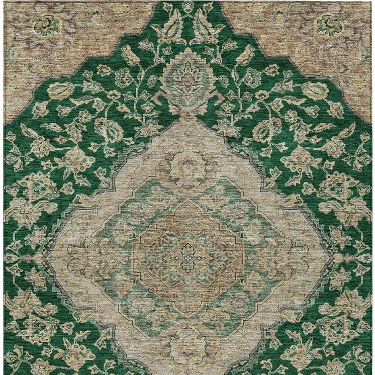 3' X 5' Emerald Beige And Brown Oriental Washable Indoor Outdoor Area Rug