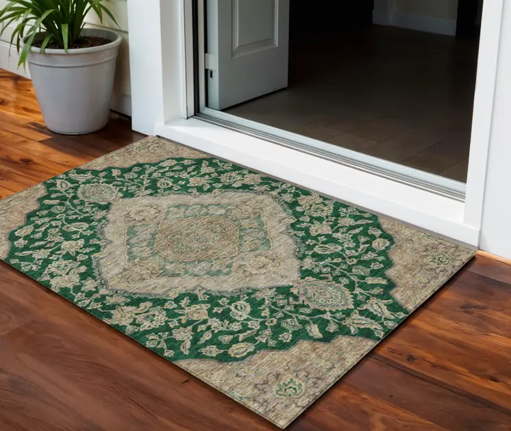 3' X 5' Emerald Beige And Brown Oriental Washable Indoor Outdoor Area Rug