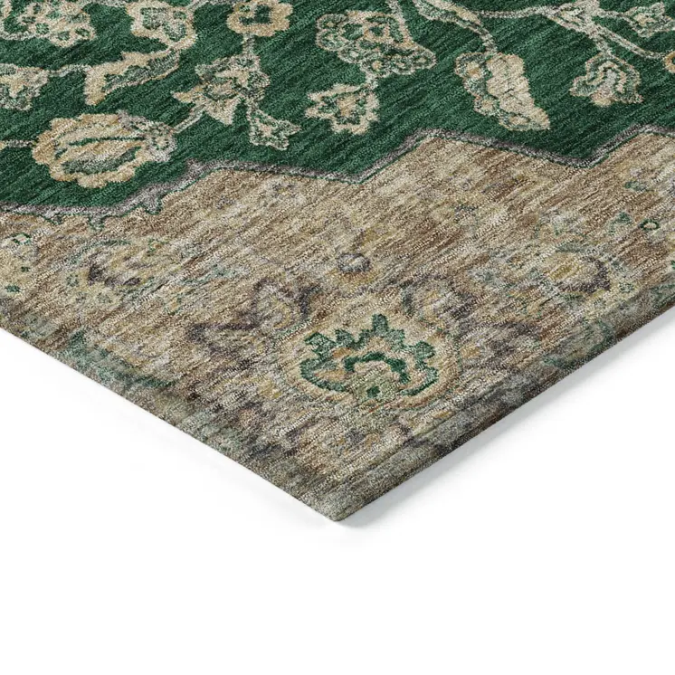 3' X 5' Emerald Beige And Brown Oriental Washable Indoor Outdoor Area Rug