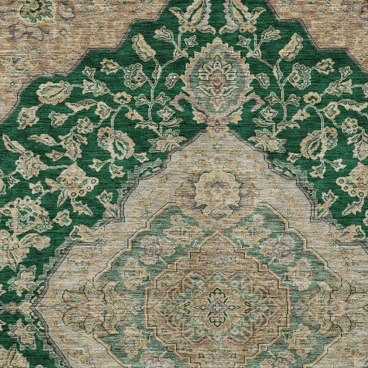 3' X 5' Emerald Beige And Brown Oriental Washable Indoor Outdoor Area Rug