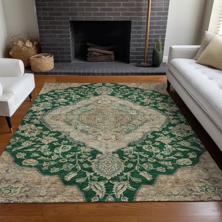 3' X 5' Emerald Beige And Brown Oriental Washable Indoor Outdoor Area Rug