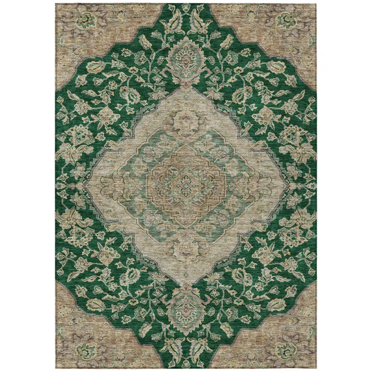 5' X 8' Emerald Beige And Brown Oriental Washable Indoor Outdoor Area Rug