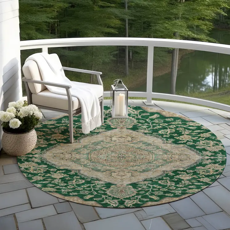8' Emerald Beige And Brown Round Oriental Washable Indoor Outdoor Area Rug