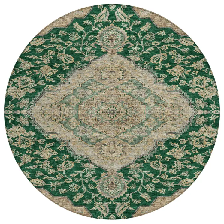 8' Emerald Beige And Brown Round Oriental Washable Indoor Outdoor Area Rug