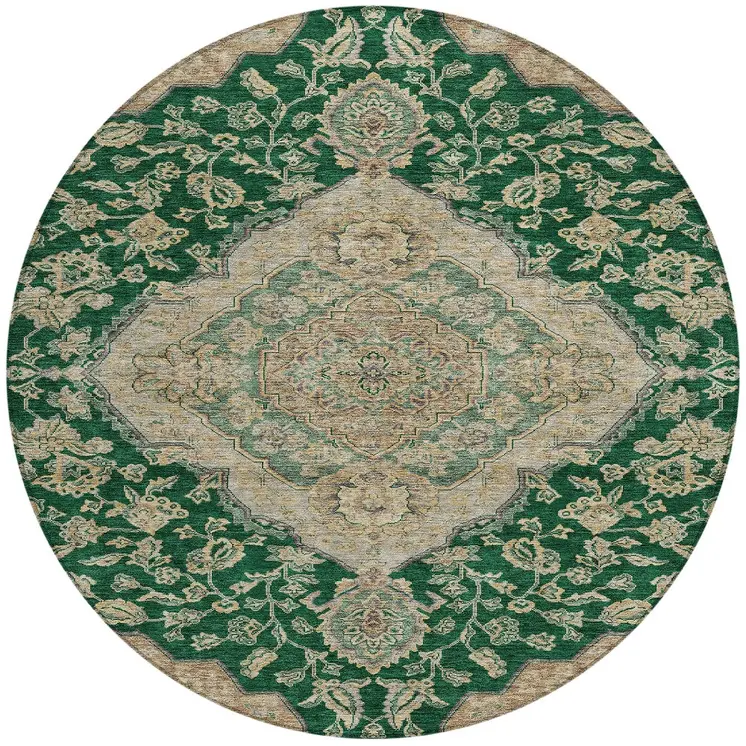 8' Emerald Beige And Brown Round Oriental Washable Indoor Outdoor Area Rug