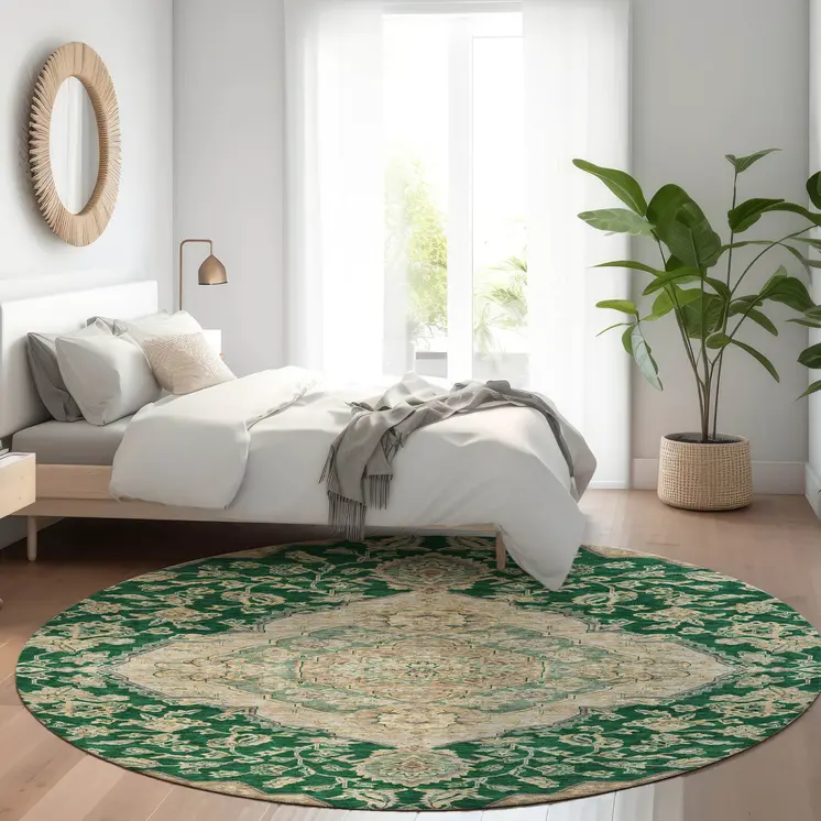 8' Emerald Beige And Brown Round Oriental Washable Indoor Outdoor Area Rug