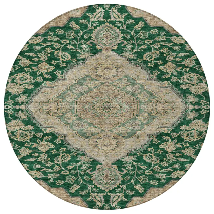 8' Emerald Beige And Brown Round Oriental Washable Indoor Outdoor Area Rug