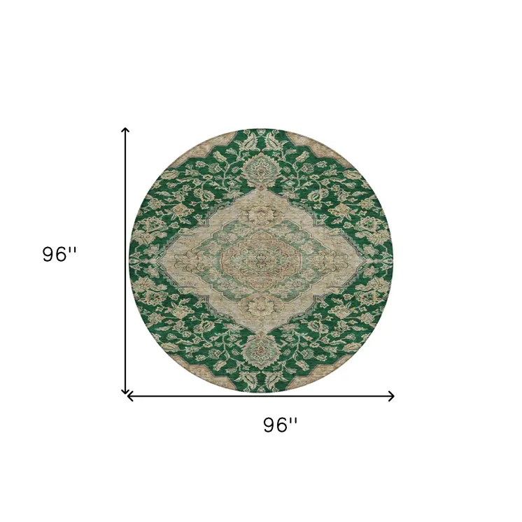 8' Emerald Beige And Brown Round Oriental Washable Indoor Outdoor Area Rug