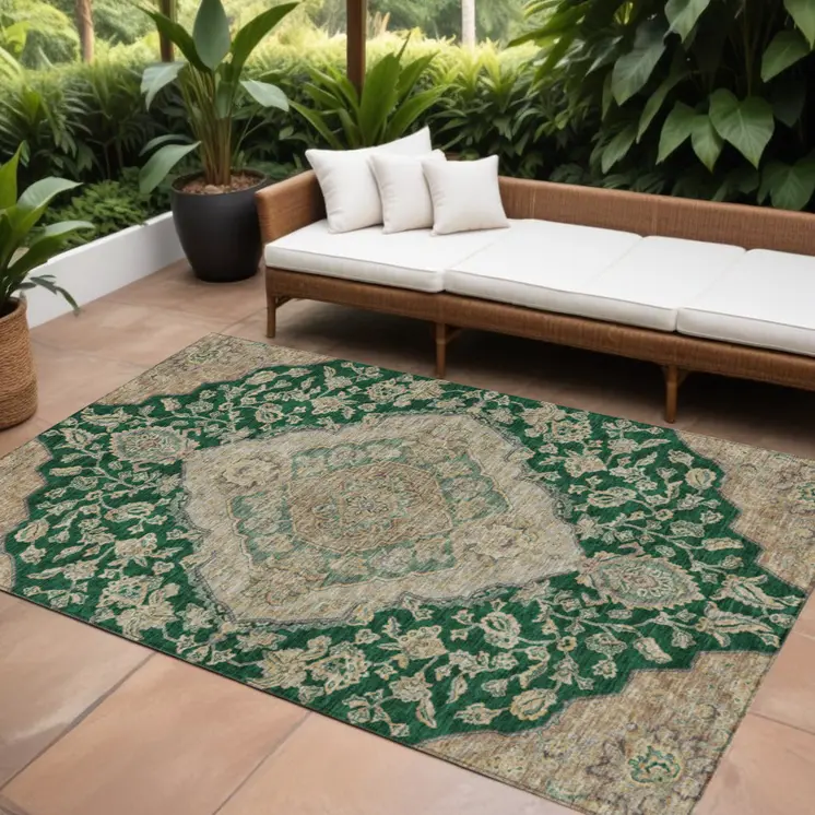 9' X 12' Emerald Beige And Brown Oriental Washable Indoor Outdoor Area Rug