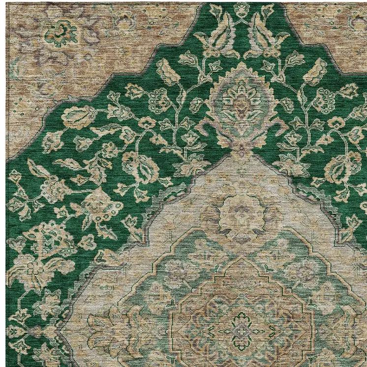 9' X 12' Emerald Beige And Brown Oriental Washable Indoor Outdoor Area Rug