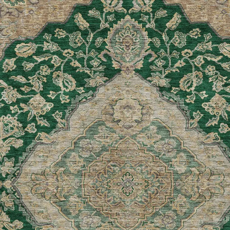 10' X 14' Emerald Beige And Brown Oriental Washable Indoor Outdoor Area Rug