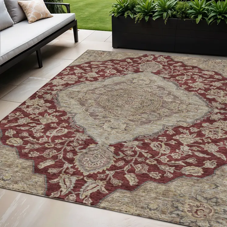 5' X 8' Red Beige And Brown Oriental Washable Indoor Outdoor Area Rug