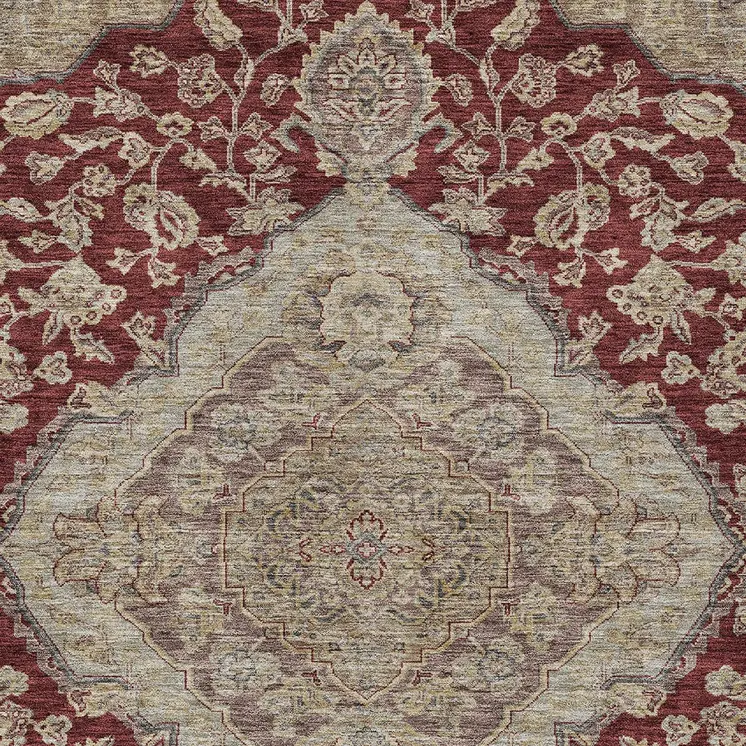 5' X 8' Red Beige And Brown Oriental Washable Indoor Outdoor Area Rug