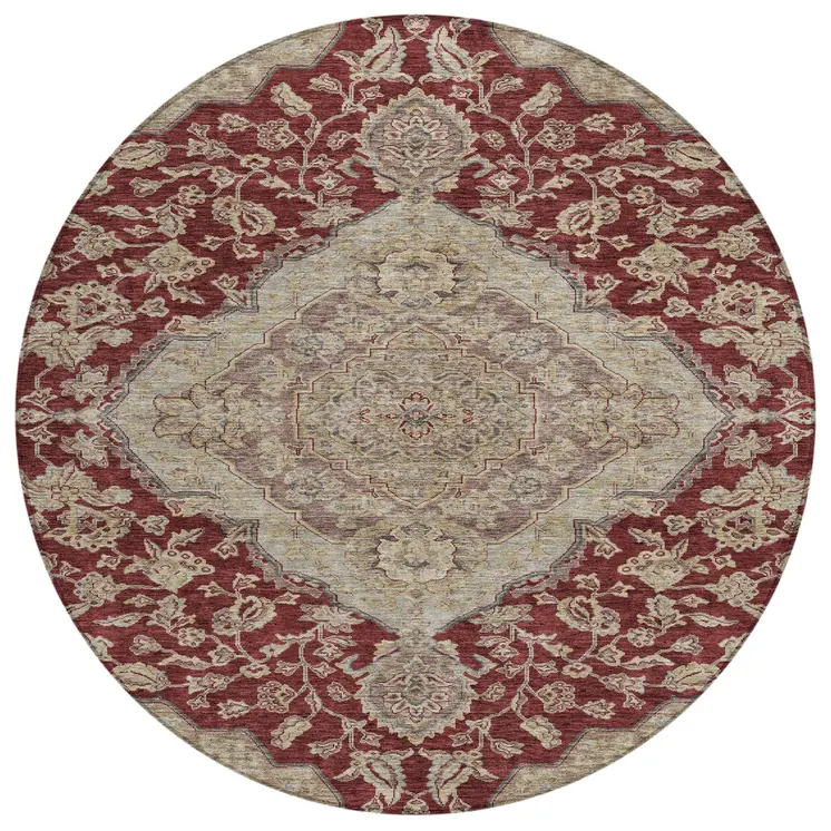 8' Red Beige And Brown Round Oriental Washable Indoor Outdoor Area Rug