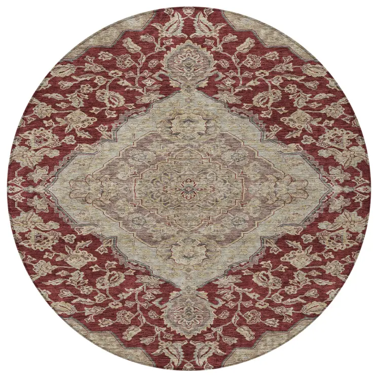 8' Red Beige And Brown Round Oriental Washable Indoor Outdoor Area Rug