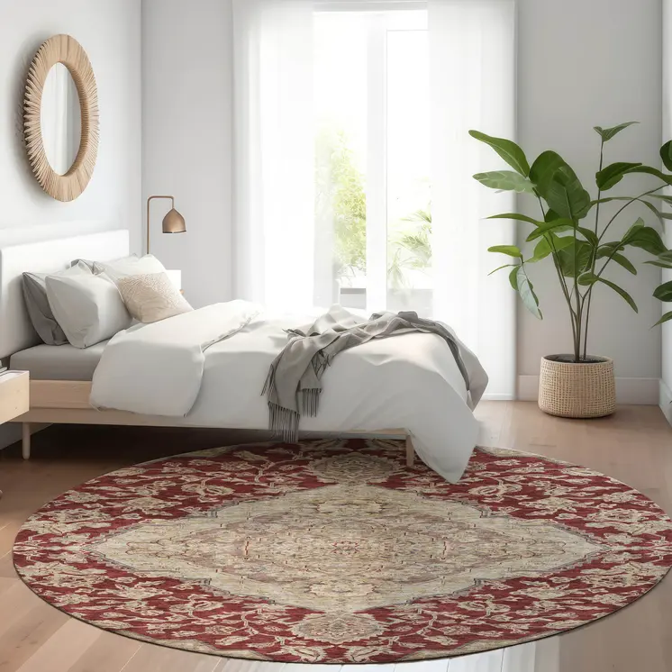 8' Red Beige And Brown Round Oriental Washable Indoor Outdoor Area Rug