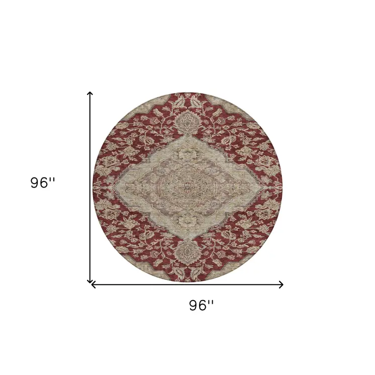 8' Red Beige And Brown Round Oriental Washable Indoor Outdoor Area Rug