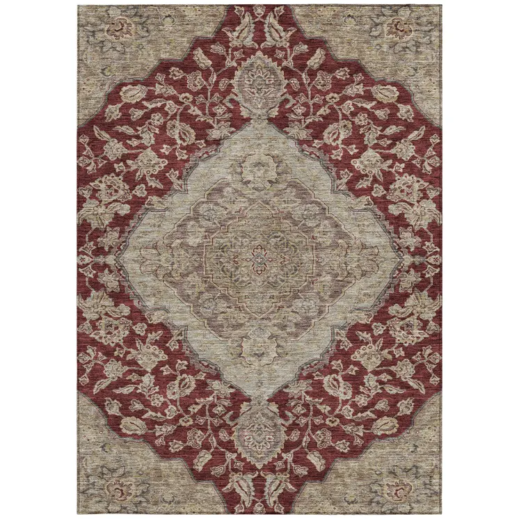 8' X 10' Red Beige And Brown Oriental Washable Indoor Outdoor Area Rug