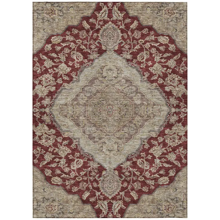 8' X 10' Red Beige And Brown Oriental Washable Indoor Outdoor Area Rug