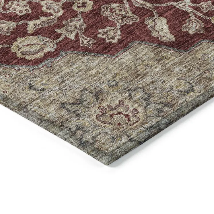 8' X 10' Red Beige And Brown Oriental Washable Indoor Outdoor Area Rug