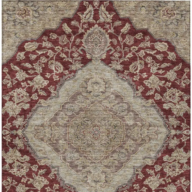8' X 10' Red Beige And Brown Oriental Washable Indoor Outdoor Area Rug