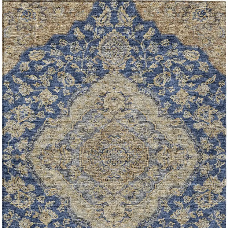 3' X 5' Navy Blue Beige And Brown Oriental Washable Indoor Outdoor Area Rug