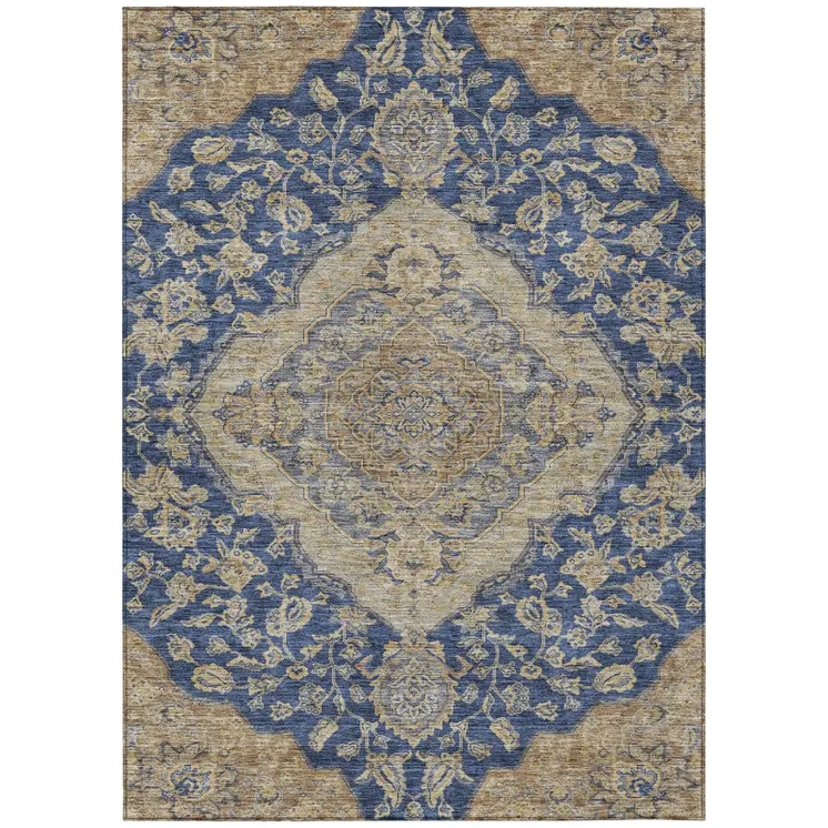 5' X 8' Navy Blue Beige And Brown Oriental Washable Indoor Outdoor Area Rug