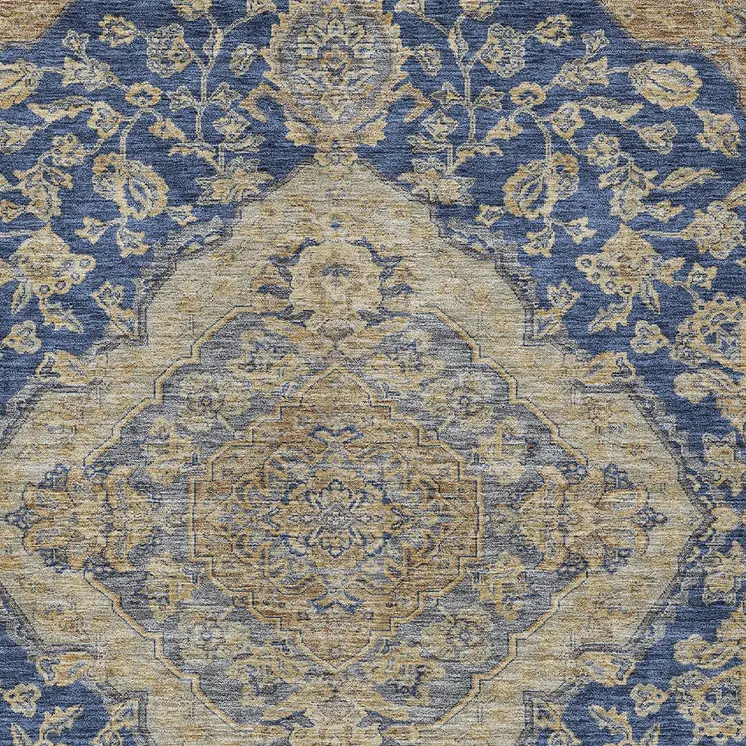 5' X 8' Navy Blue Beige And Brown Oriental Washable Indoor Outdoor Area Rug