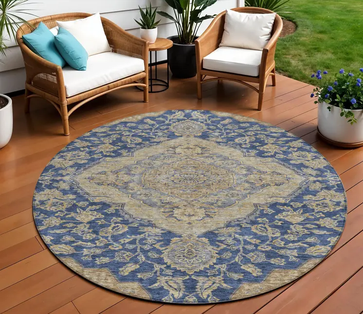 8' Navy Blue Beige And Brown Round Oriental Washable Indoor Outdoor Area Rug