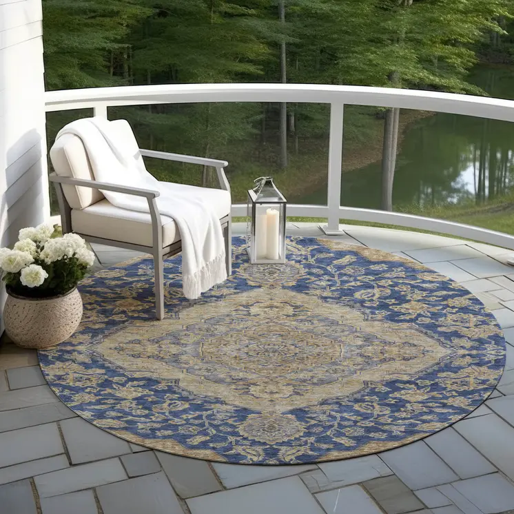 8' Navy Blue Beige And Brown Round Oriental Washable Indoor Outdoor Area Rug