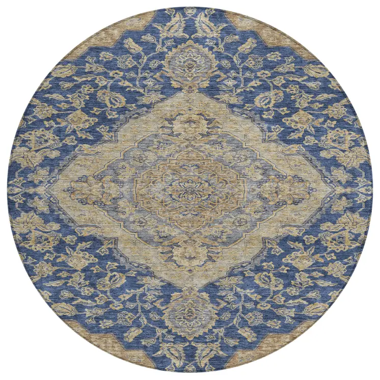 8' Navy Blue Beige And Brown Round Oriental Washable Indoor Outdoor Area Rug