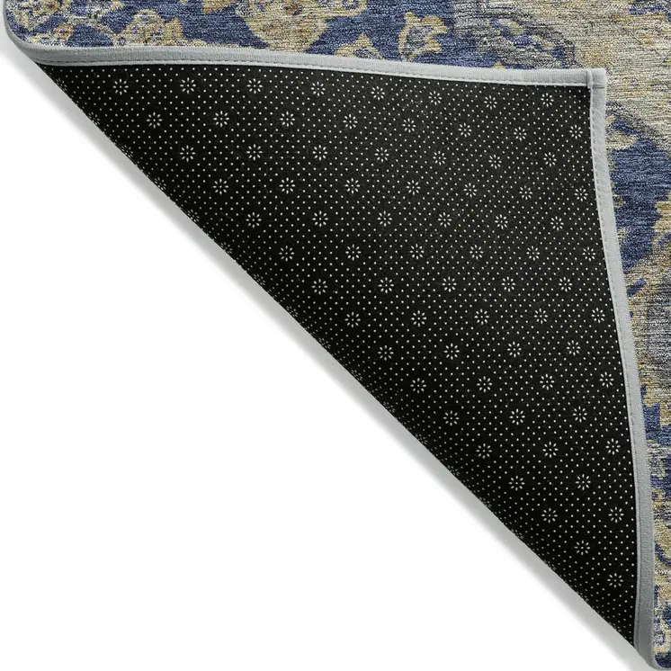 8' Navy Blue Beige And Brown Round Oriental Washable Indoor Outdoor Area Rug