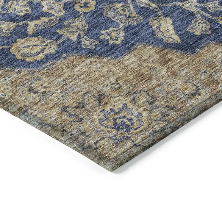 8' Navy Blue Beige And Brown Round Oriental Washable Indoor Outdoor Area Rug