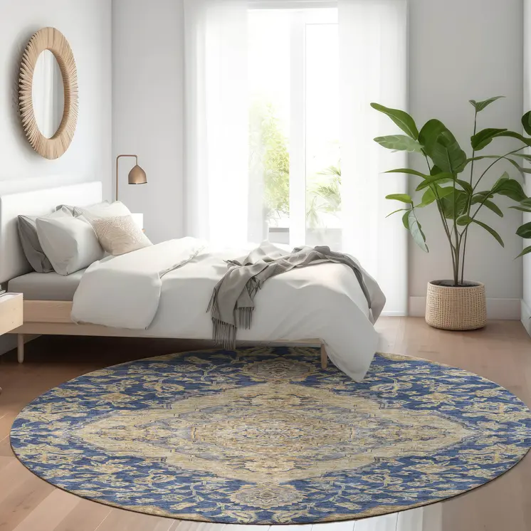 8' Navy Blue Beige And Brown Round Oriental Washable Indoor Outdoor Area Rug