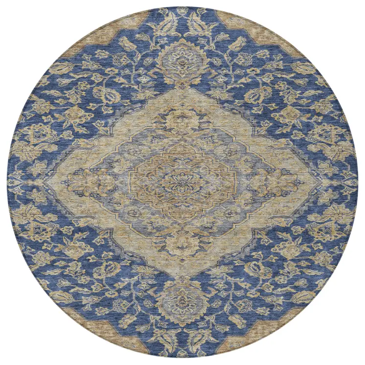 8' Navy Blue Beige And Brown Round Oriental Washable Indoor Outdoor Area Rug