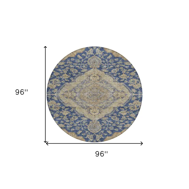 8' Navy Blue Beige And Brown Round Oriental Washable Indoor Outdoor Area Rug