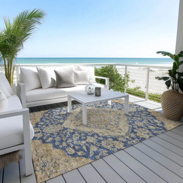 8' X 10' Navy Blue Beige And Brown Oriental Washable Indoor Outdoor Area Rug
