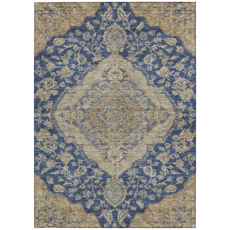9' X 12' Navy Blue Beige And Brown Oriental Washable Indoor Outdoor Area Rug