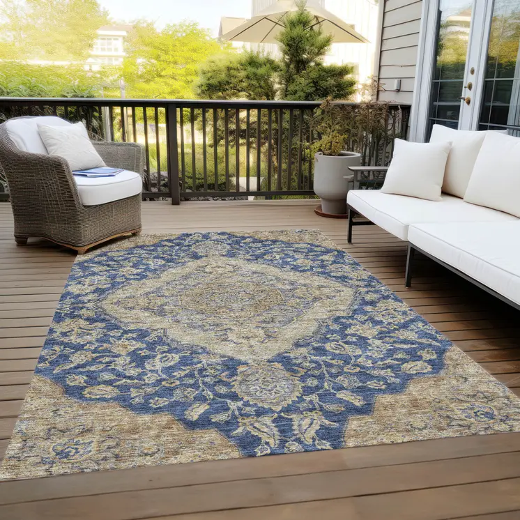 9' X 12' Navy Blue Beige And Brown Oriental Washable Indoor Outdoor Area Rug