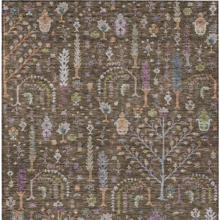 5' X 8' Brown Purple And Blue Floral Washable Indoor Outdoor Area Rug