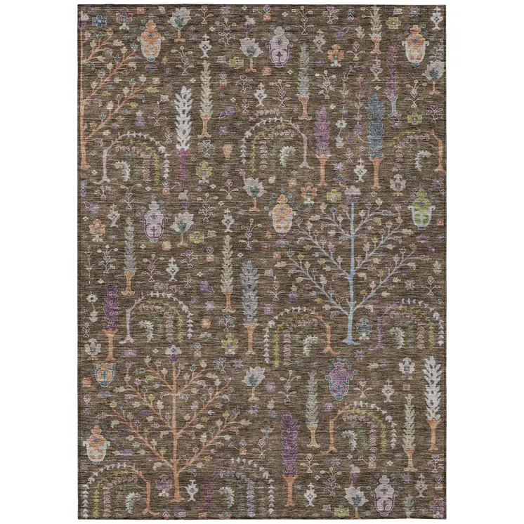 5' X 8' Brown Purple And Blue Floral Washable Indoor Outdoor Area Rug