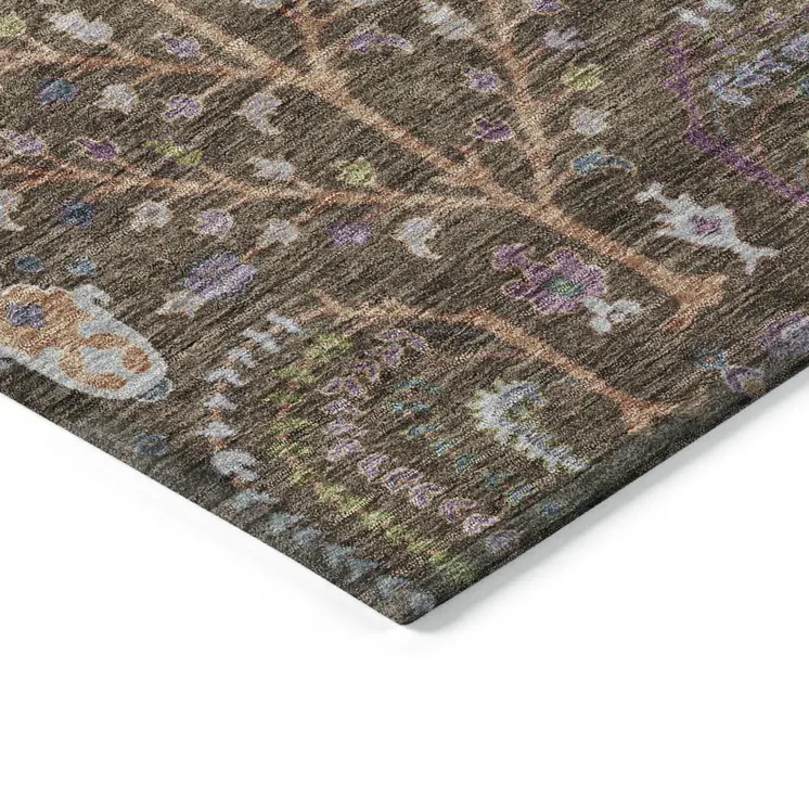 5' X 8' Brown Purple And Blue Floral Washable Indoor Outdoor Area Rug