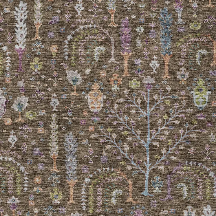 5' X 8' Brown Purple And Blue Floral Washable Indoor Outdoor Area Rug